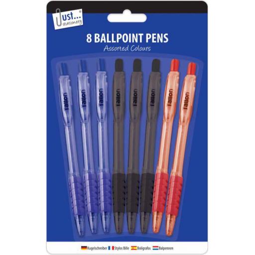 JS Retractable Ballpoint Pens, Assorted - Pack of 8