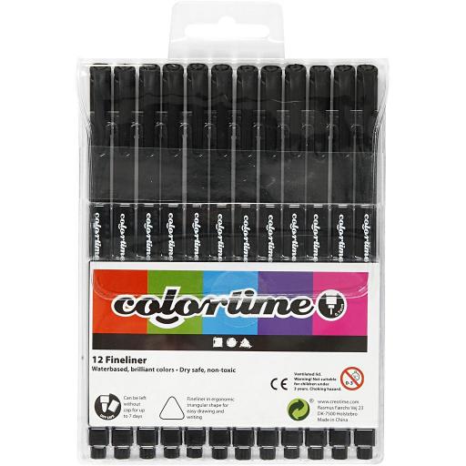 Colortime Fineliner Pens, Black - Pack of 12