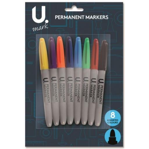 U. Bulet Tip Permanent Marker Asst. Colours - Pack of 8