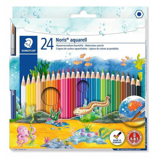Staedtler Noris Club Aquarell Watercolour Pencils & Brush, Asstd Colours - Pack of 24