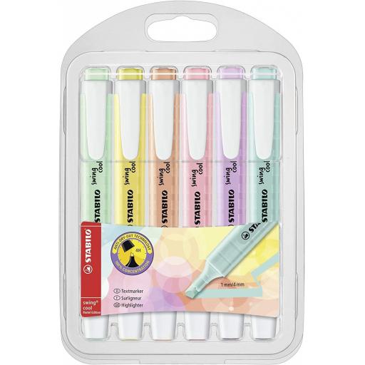 Stabilo Swing Cool Highlighter Pens, Pastel Colours - Wallet of 6