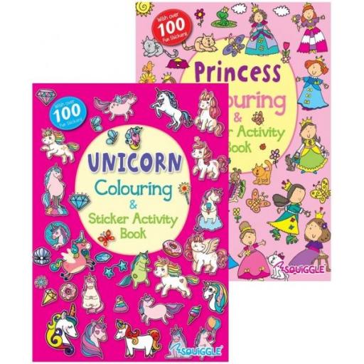 Squiggle A4 Unicorn & Princess Colouring/Sticker Books - Set of 2