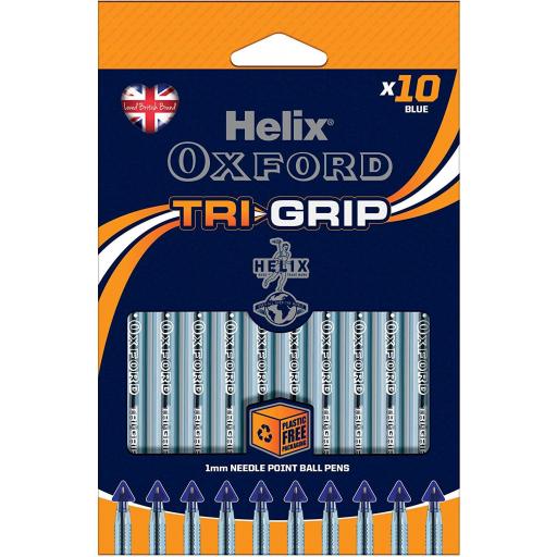 Helix Oxford TriGrip Needle Point Ballpens, Blue - Pack of 10
