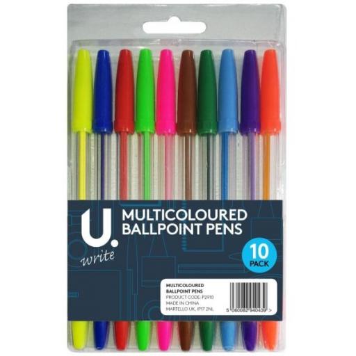 U. Ballpoint Pens, Assorted Colours - Pack of 10