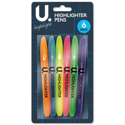 U. Highlighter Pens, Assorted Colours - Pack of 6