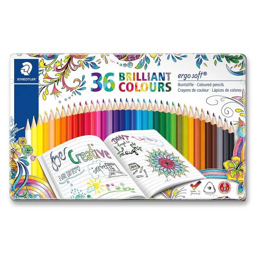 Staedtler Ergosoft Triangular Colouring Pencils, Asstd Colours - Tin of 36
