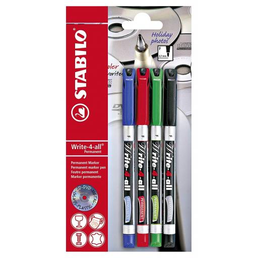 Stabilo Write-4-All Permanent Fine Asstd Colours - Pack of 4