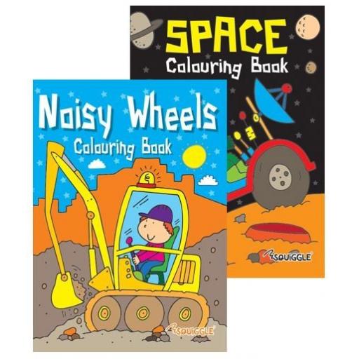 Squiggle A4 Space & Noisy Wheels Colouring Books - Set of 2