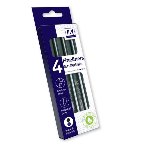 IGD Fineliners & Rollerball Pens, Black & Blue - Pack of 4