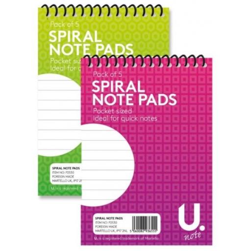 U. Spiral Notepad Pocket Size Assorted Colours - Pack of 5