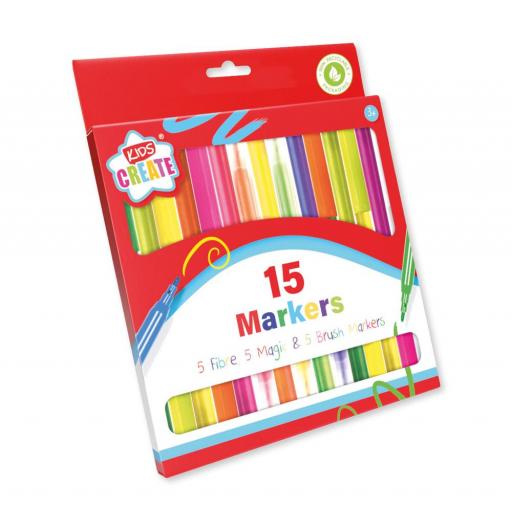 IGD Kids Create Fibre, Magic & Brush Markers - Pack of 15