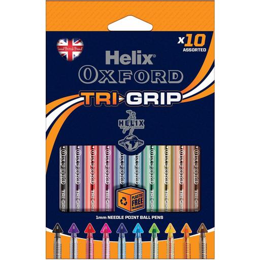 Helix Oxford TriGrip Needle Point Ballpens, Assorted - Pack of 10