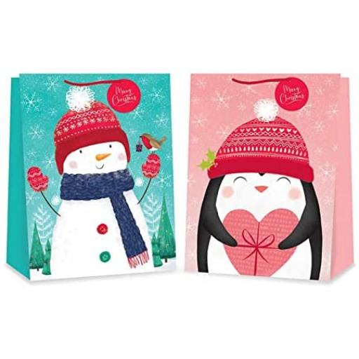 Tallon Large Gift Bag, Cute Snowman & Pengiun - Pack of 12