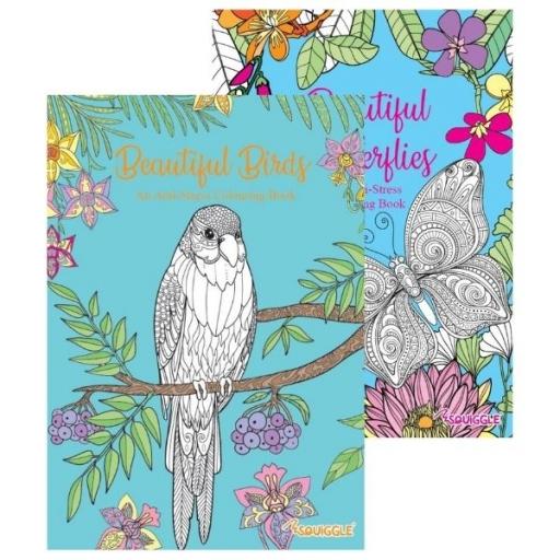 Squiggle A4 Adult Colouring Books, Beautiful Butterflies & Birds - Set of 2