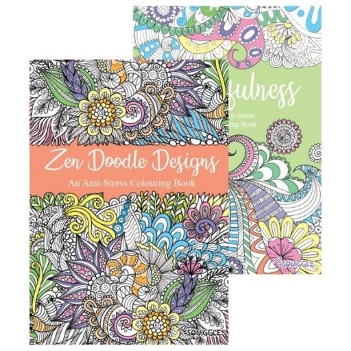 Squiggle A4 Adult Colouring Books, Zen Doodle & Mindfulness - Set of 2