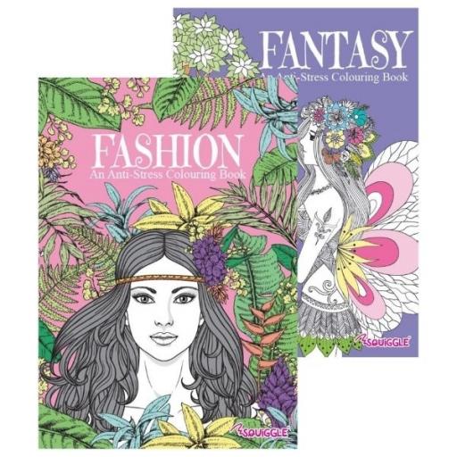 Squiggle A4 Adult Colouring Books, Fantasy & Fashion - Set of 2