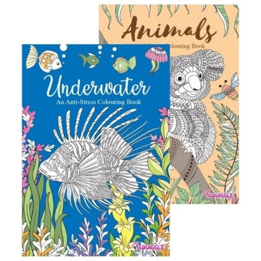 Squiggle A4 Adult Colouring Books, Animal & Underwater - Set of 2