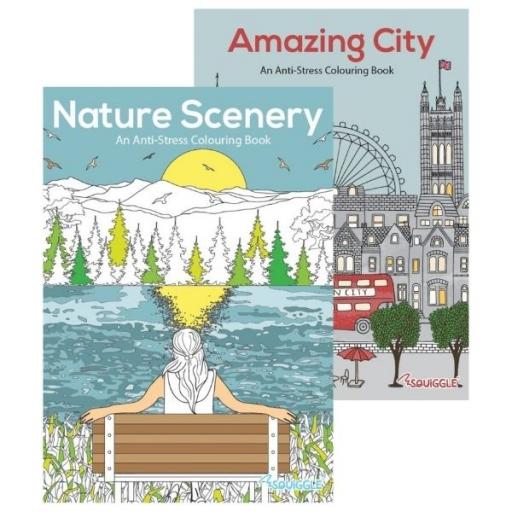 Squiggle A4 Adult Colouring Books, Amazing City & Nature Scenery - Set of 2