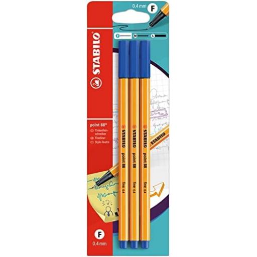 Stabilo Point 88 Fineliner 0.4mm Blue - Pack of 3