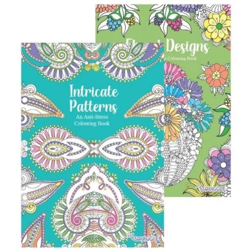 Squiggle A4 Adult Colouring Books, Intricate Patterns & Floral Designs - Set of 2