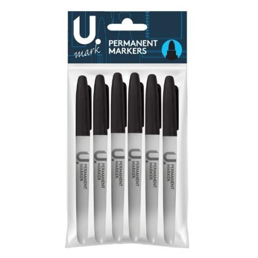 U. Bullet Tip Permanent Markers, Black Ink - Pack of 6