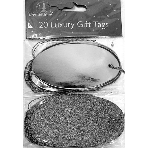 Tallon Festive Oval Glitter & Foil Gift Tags Silver, Pack of 20