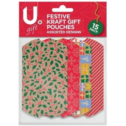 Martello Kraft Style Gift Pouches, Assorted Designs - Pack of 15
