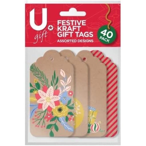 Martello Kraft Style Christmas Gift Tags, Assorted Designs - Pack of 40