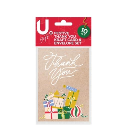 Martello Kraft Style Christmas Thank You Cards & Envelopes Set - Pack of 10