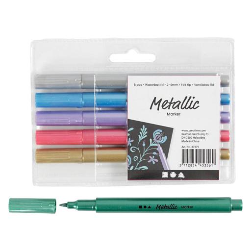 Creotime Metallic Marker Felt Tip Pens 2-4mm - Pack of 6