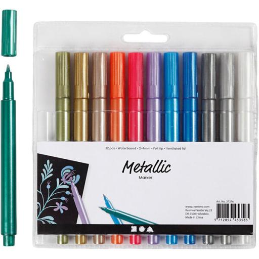 Creotime Metallic Marker Felt Tip Pens 2-4mm - Pack of 12