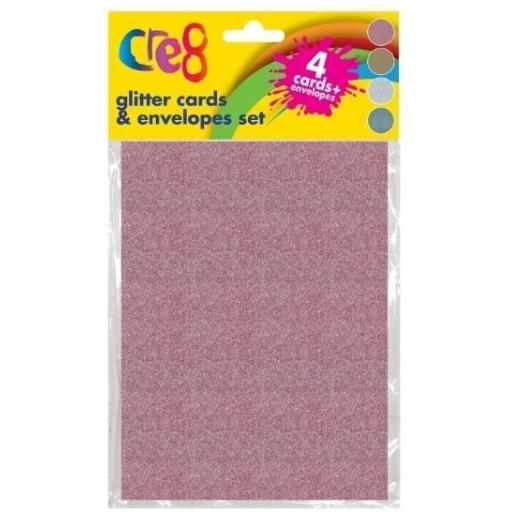 Cre8 Shiny Glitter Assorted Colour Cards 18x12.5cm & Envelopes Set - Pack of 4