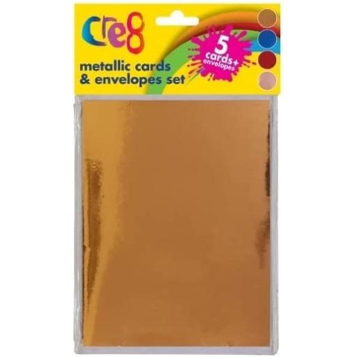 Cre8 Shiny Metallic Assorted Colour Cards 18x12.5cm & Envelopes Set - Pack of 5