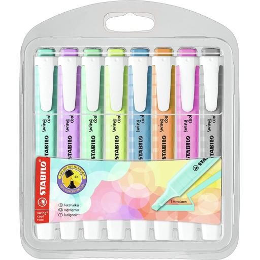 Stabilo Swing Cool Highlighter Pens, Pastel Colours - Wallet of 8