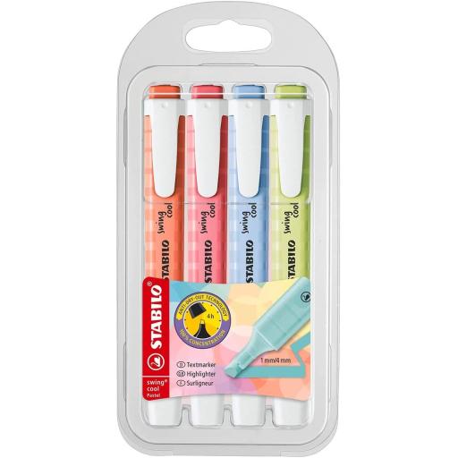 Stabilo Swing Cool Highlighter Pens, Pastel Colours - Wallet of 4