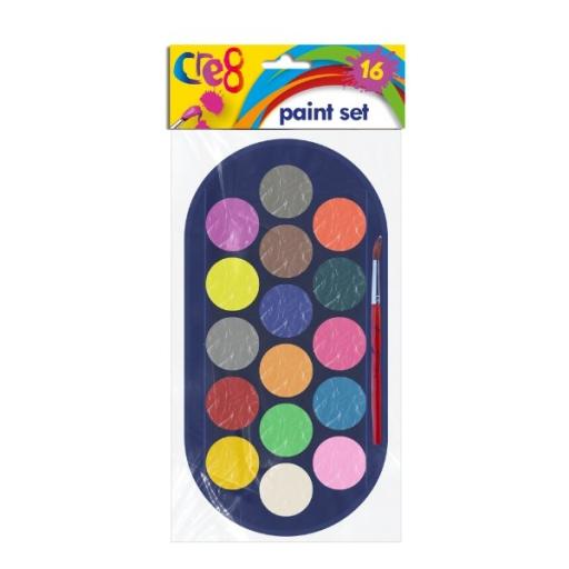 Cre8 - Watercolour Paints & Brush Set, 16 Colours