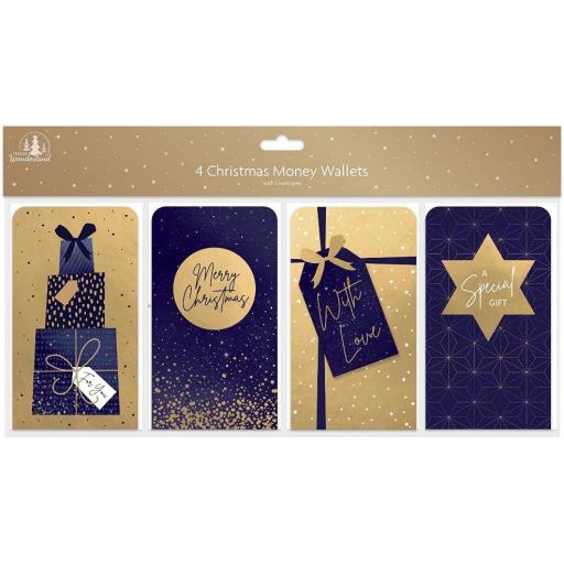 Tallon Christmas Xmas Money Wallets Blue & Gold - Pack of 4