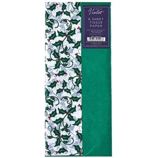 Partisan Xmas Christmas by Violet 50x66cm Tissue Paper, Traditional Holly & Green - 6 Sheets