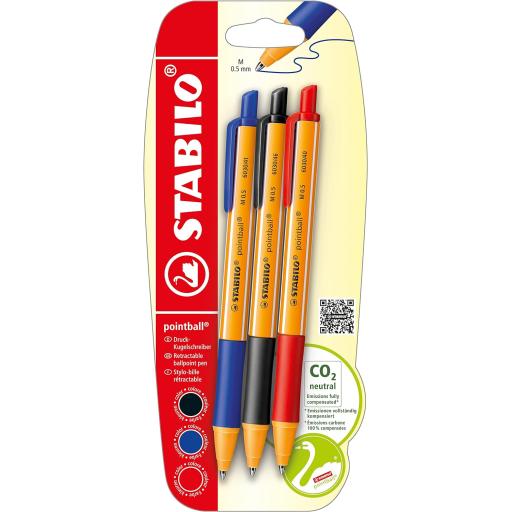 Stabilo Pointball Retractable Ballpoint Pen, Assorted Colours - Pack of 3
