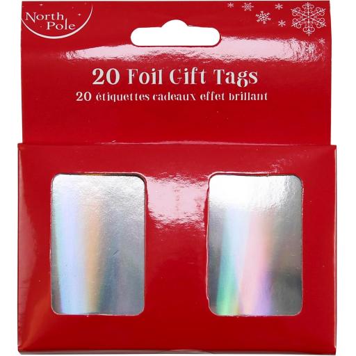 North Pole Holographic Foil Gift Tags, Silver with Metallic Cord - Pack of 20