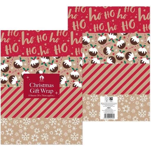 Tallon  Festive Wonderland Christmas Kraft Wrapping Paper - 70x50cm - 8 Large Sheets