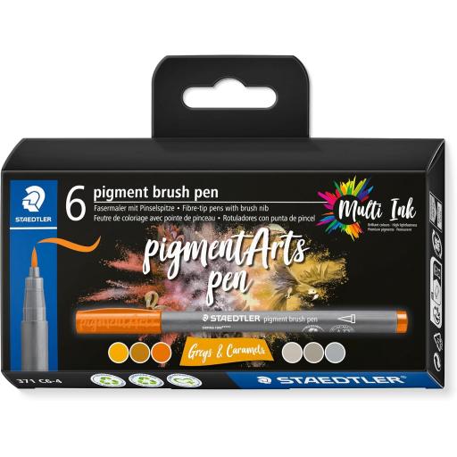 Staedtler  Pigment Arts Brush Pen, Assorted Grey & Caramel Colours - Pack of 6