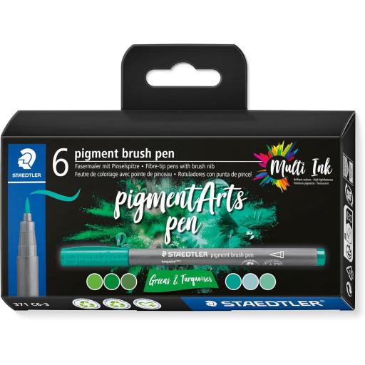 Staedtler  Pigment Arts Brush Pen, Assorted Green & Turquoise Colours - Pack of 6