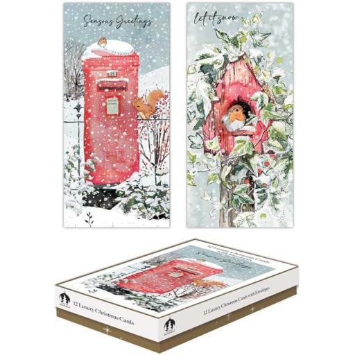 Tallon Luxury Slim Christmas Xmas Cards, Box of 12, Postbox/Robin