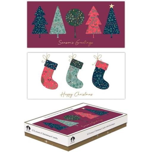 Tallon Luxury Slim Christmas Xmas Cards, Box of 12, Trees/Stockings